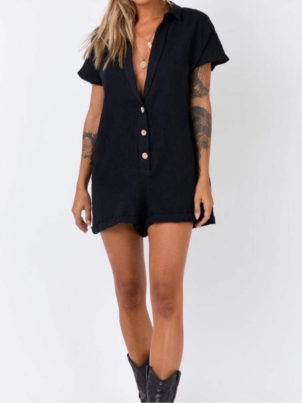 Black Button-Front Women's Romper